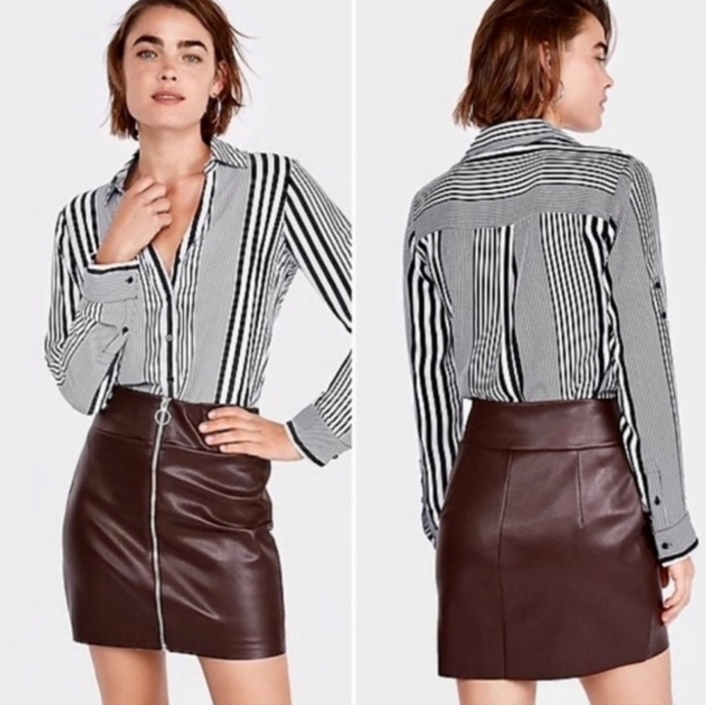 NWT! Express Faux Leather High Waisted Skirt, Full Zip Front, Burgundy - Size 4
